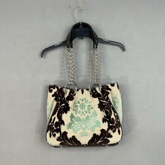 Glenda Gies Shoulder Bag Womens Brown Mint Floral Brocade Damask Chain Leather - Picture 1 of 16